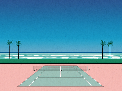 tennis court beach illustration landscape ocean palm pastel perspective tennis