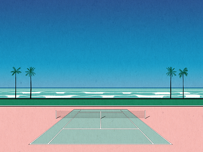 tennis court beach illustration landscape ocean palm pastel perspective tennis