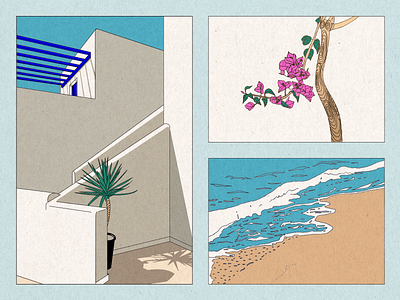island in the sun beach building collage flowers greece greek illustration island memories palm paros sea summer sun