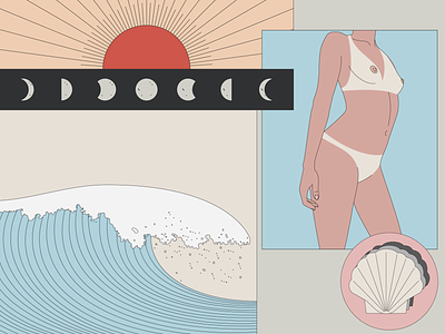 summer on a solitary beach beach collage feminine illustration moon nature pastel shell simple sun wave