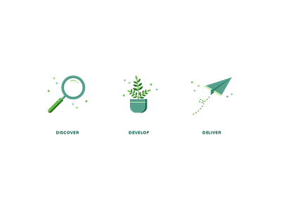 Managed Services Playbook Icons deliver develop discover flat illustration growth magnifying glass origami paper airplane plane plant sparkles