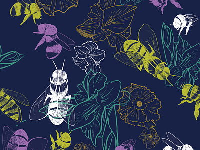 Save the Bees bees chartreuse design floral hand drawn home decor illustration illustrator pattern surface pattern design textile pattern wallpaper