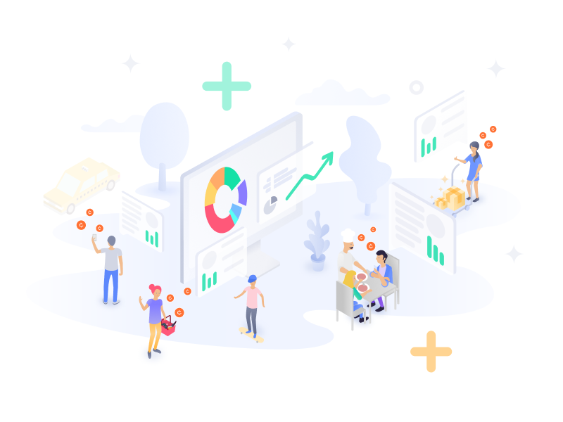 Clients Illustration character diagram graph analythics statistics city people system crm card illustration