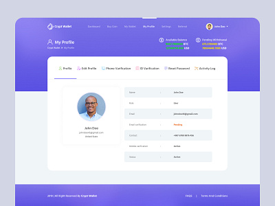 Profile Page - Crypto Wallet activity activity chart admin panel agency balance bitcoin wallet creative crypto app crypto wallet data visualization edit profile graphic design landing page minimal profile screen reset password typogaphy web app design website