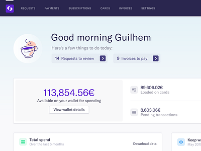 Spendesk: My dashboard dashboard homepage interface onboarding ui