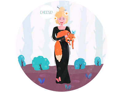 Girl With Cute Fox animal animals art cartoon character cute design forest fox girl happy icon illustration nature vector wild