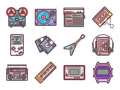 Retrowave Icons audio cassette clock computer console disk diskette dj equipment fashion floppy game gaming guitar hand instrument keyboard music old pc