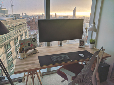 Latest desk setup city desk freelance home macbook office remote studio ultrawide view workplace workspace