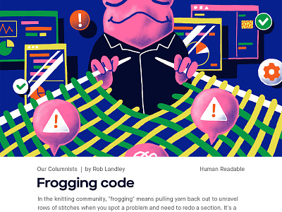 Frogging code code developer engineer frog frogging code illustration illustration design magazine magazine illustration