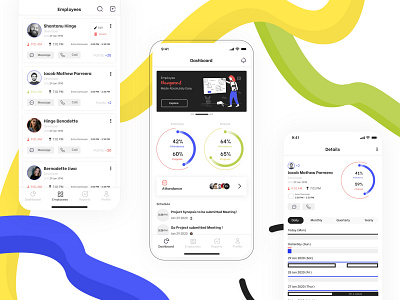 Employee Management app attandance banner cards clean colors concept dashboard design details employee illustrations ios iphonex management tabbar ui