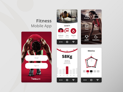 WellFit UI adobe android app branding business company creative design fitness fitness app iphone minimal mobile mobile app mobile app design sketch ui ux web xddailychallenge