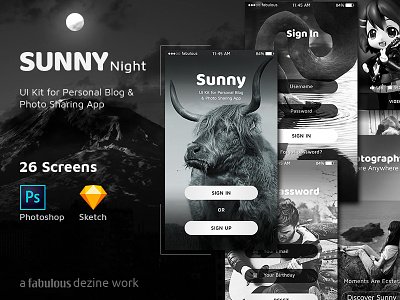 Sunny Night - UI KIT for Personal Blog & Photo Sharing App blogging business gallery personal blog photo editing photo sharing photoshop portfolio sketch ui kit vector