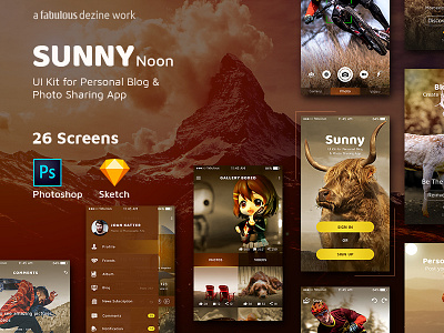 Sunny Noon - UI KIT for Personal Blog & Photo Sharing App blogging business gallery personal blog photo editing photo sharing photoshop portfolio sketch ui kit vector