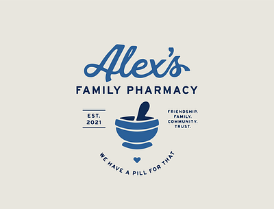 Alex's Family Pharmacy Brand branding hand drawn hand drawn logo illustration inky logo design medicine pharmacy script vintage