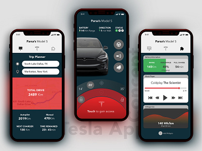 Tesla App Concept adobexd app autopilot challenge concept dailyui dark blue mockup motion design red tesla trip planner ui uiux uplabs user interface ux uxdesign xddailychallenge