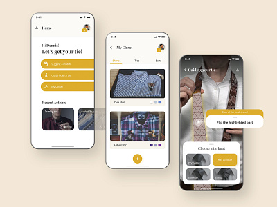 Fashion App app ar augmented reality butler classy design closet fashion how to tie a tie knot mobile open sans playfair display shirt tie ui ux yellow