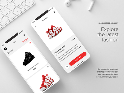 M-commerce App Concept app apple design fashion fashion app ios minimal nike red red and white shoes style supreme typography ui ux white