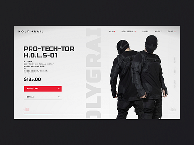 HOLYGRAIL- product page redesign concept 3d black concept graphic gray header landing landingpage minimal red tech techwear typography ui ux vector wear webdesign website white