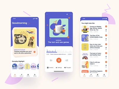 Podcast app app book branding cute design flat homescreen illustration logo mobile motion graphics music player podcast purple reading typography ui ux vector