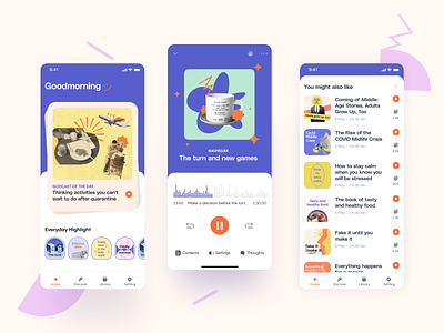 Podcast app app book branding cute design flat homescreen illustration logo mobile motion graphics music player podcast purple reading typography ui ux vector