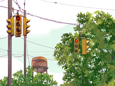 Watertower city cleveland drawing illustration midwest ohio red light rustbelt traffic light watertower