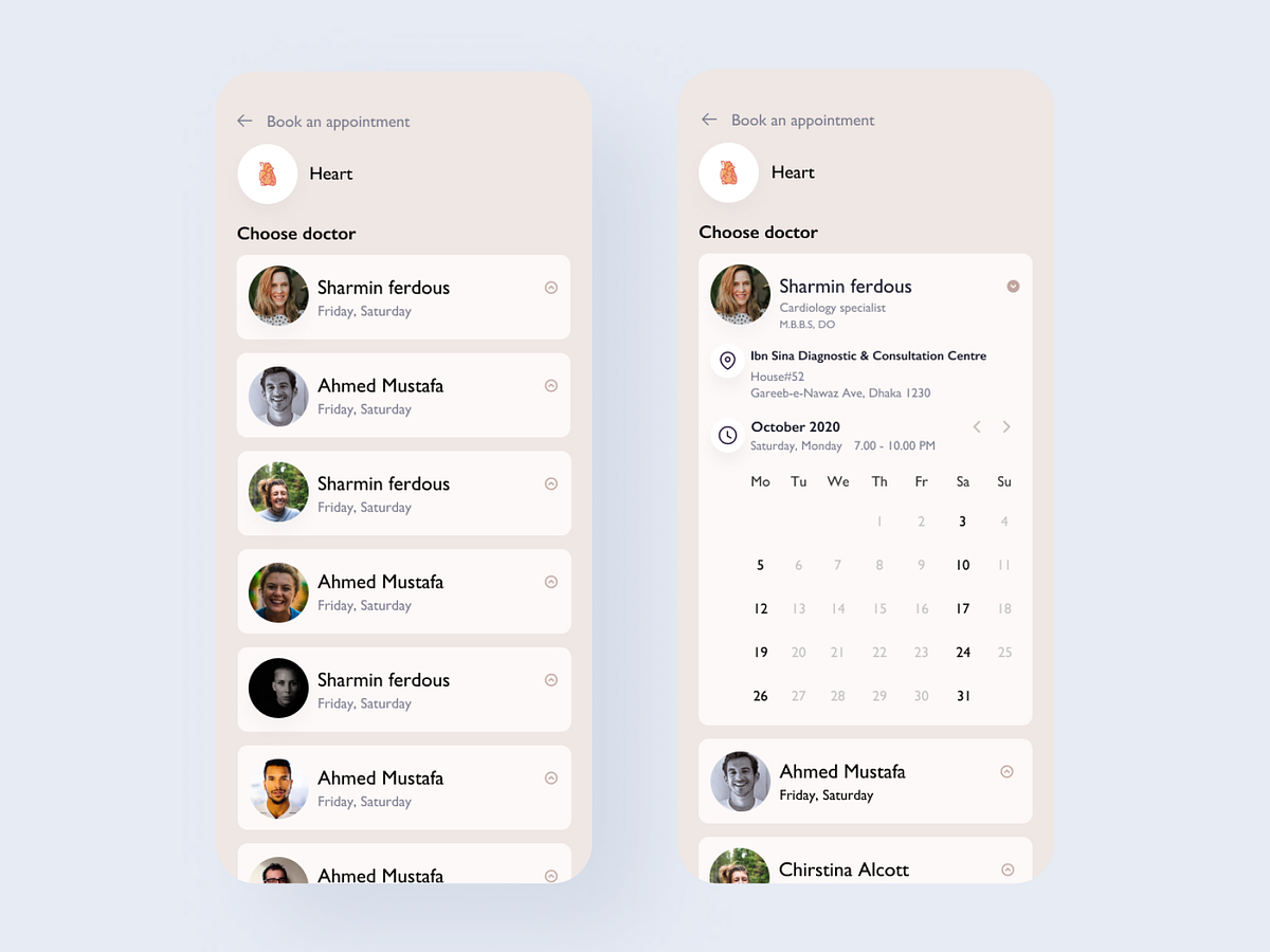 Doctor booking app by Samia Mithila for Component on Dribbble