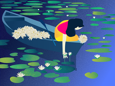 Collecting waterlily 2018 trend vector artwork bangladeshi natural beauty collect waterlily environment design bright color green yellow white landscape illustration girl nature illustration new trends 2019 landing