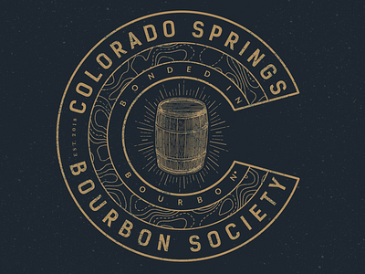 Colorado Springs Bourbon Society logo alcohol barrel blue bourbon design gold logo map monoline society topographic whiskey