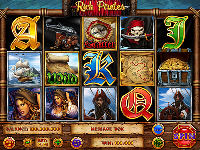 Slot machine – “Rich Pirates” battle black bones chest coins fortune gambling game art graphic design jolly roger money pirates pistol rope saber sail ship skull slot design steering wheel