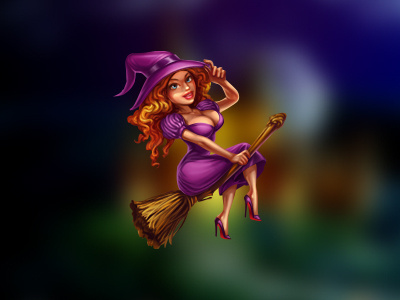 Witch broom character cute digital art game art game design graphic design hat redhead slot design witch