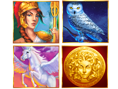 Greek Legends apple digital art eagle owl game art game design goddess gold gorgon greece horse illustration legend myths owl pegasus shield slot design slot machine symbol