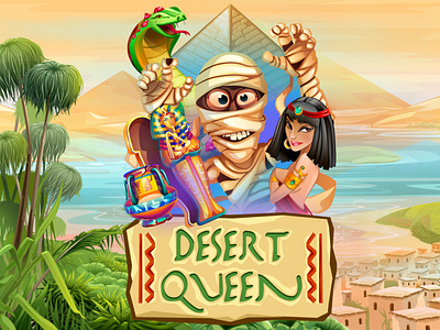 Desert Queen cleopatra cobra desert game art illustration mummy nile palms. pharaoh pyramid queen sand sarcophagus scarab seth slot design slot machine snake sphinx vase