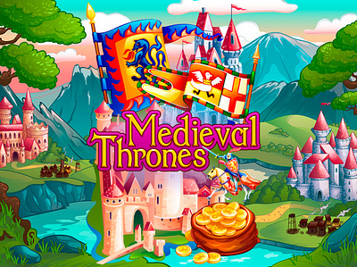 Medieval Thrones animation castle coins digital art emblem flag game art game design gold graphic design illustration kingdoms medieval sack shield slot design sword symbol thrones wizard