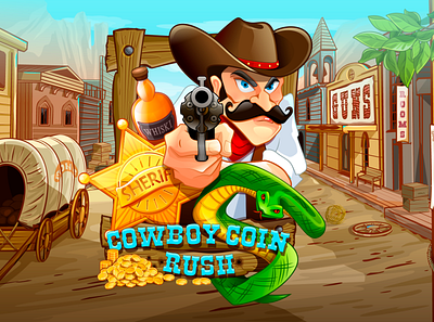 Cowboy Coin Rush badge bandits beer boots bottles buildings bullet cactuses coin cowboy dynamite gambling girl gold gun horse mountains rush slot design slot machine