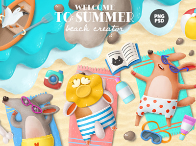 beach creator animals beach cartoon character creation kit creative market design dogs illustration summer tropical vacation