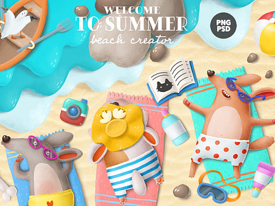 beach creator animals beach cartoon character creation kit creative market design dogs illustration summer tropical vacation