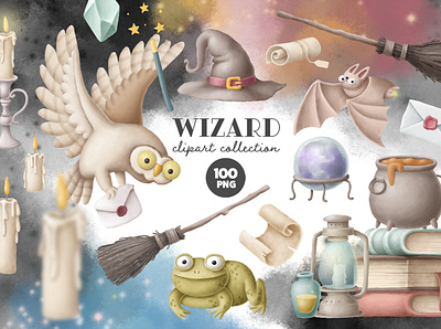 Wizard clipart collection cartoon character clipart creative market design kit digital download drawing halloween illustration magic magical owl stickers witch wizard wizarding world