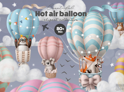 Hot air balloon clipart collection animals cartoon character clipart design doodle drawing illustration nursery print