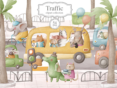 Traffic, cute clipart collection animals characters back to school car cartoon character children cute animals doodle kids illustration nursery animals road school school bus traffic jam transportation