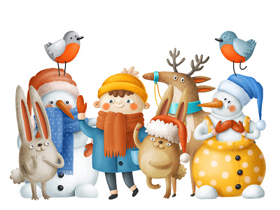 Winter is coming! Yay! animals art cartoon characters christmas deer design doodle illustration snow snowman winter