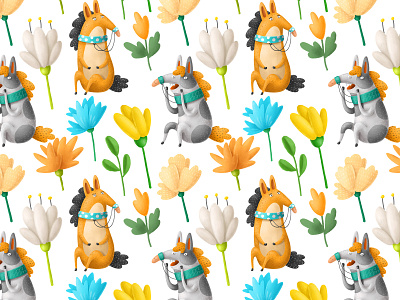 Seamless pattern cartoon character design horses illistration pattern poster print seamless pattern