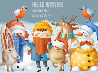 Hello Winter animals card cartoon character christmas design doodle drawing funny illustration nursery print typography winter