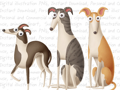 Whippets! cartoon character clipart dog doodle greyhound illustration sale sighthound whippet