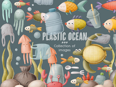 Collection if images on Creative Market cartoon character clipart design doodle earth ecology fish illustration low waste ocean planet plastic pollution seafood zerowaste