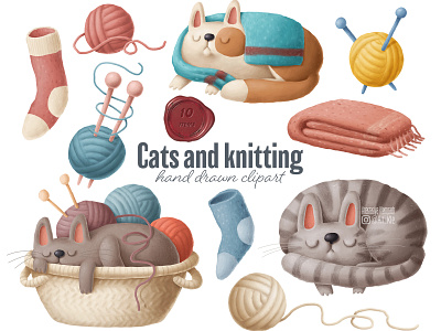 cats and knitting cat illustration cats cats clipart clipart cozy crafting drawing etsy home illustration knitting knitting clipart yarn clipart