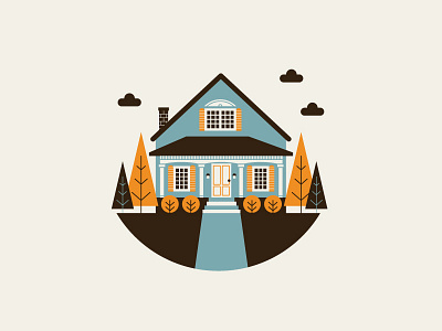 Happy House blue flat house illustration landscape minimalistic orange simple trees