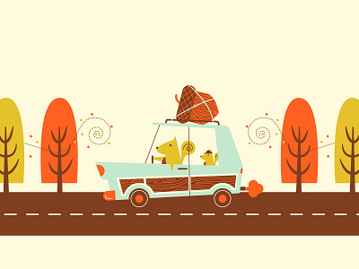 Hibernation acorn autumn car driving illustration road squirrel station wagon trees wind
