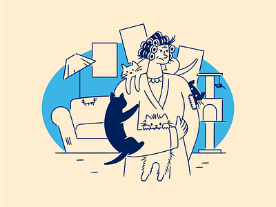 Cat Lady cat cat lady character flat illustration line art living room texture