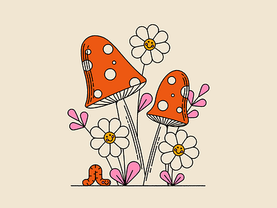 Vectober 13: Garden flora flowers garden happy illustration mushroom smiley face worm