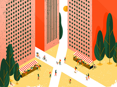 Plaza city farmers market illustration isometric market plaza texture town